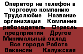 Оператор на телефон в торговую компанию. Трудолюбие › Название организации ­ Компания-работодатель › Отрасль предприятия ­ Другое › Минимальный оклад ­ 1 - Все города Работа » Вакансии   . Калужская обл.,Калуга г.